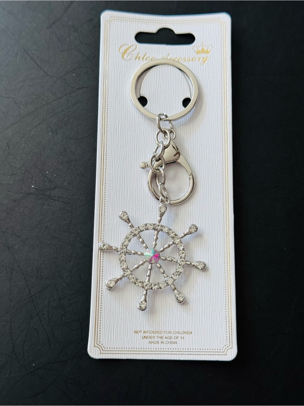 Silver Nautical Ship Wheel Keychain BagCharm with Crystal Accent